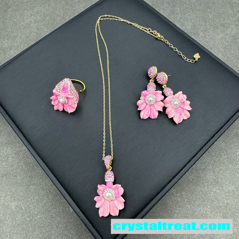 Handmade Magnolia Flower Pearl and Diamond Jewelry Set