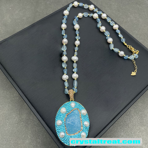 Natural Aquamarine Raw Stone & Freshwater Pearl Inlay Jewelry Set