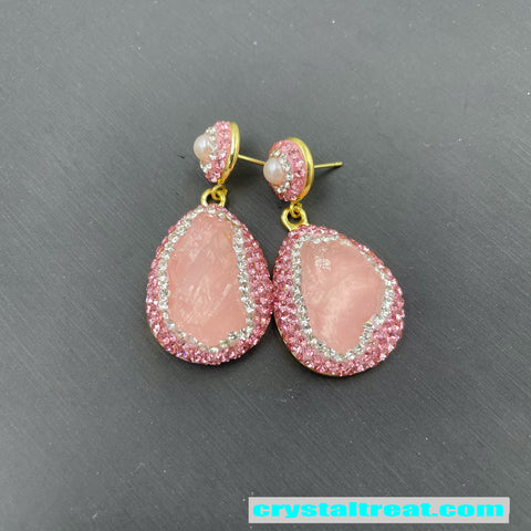 Natural Raw Rose Quartz and Pearl Jewelry Set