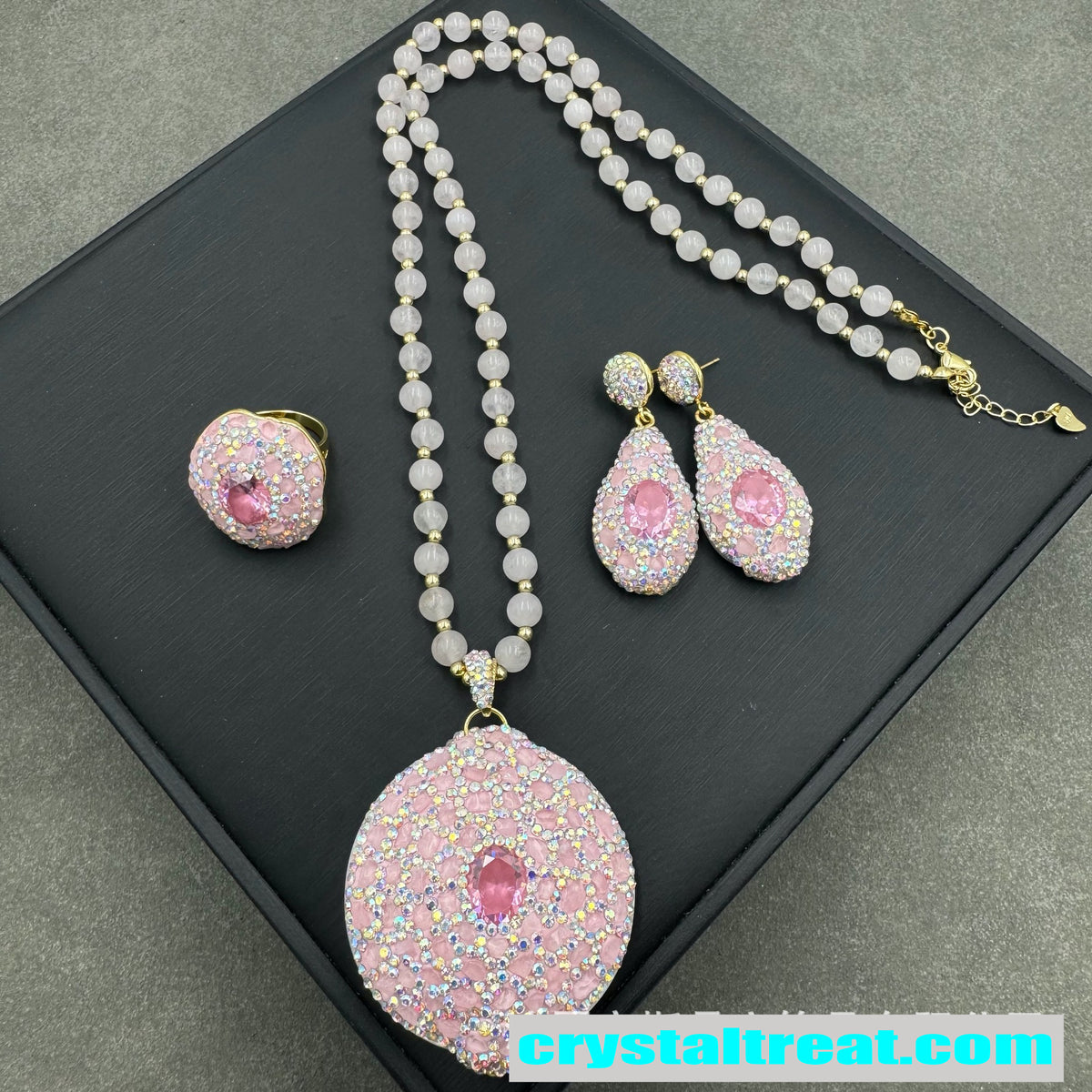 Natural Pink Crystal and Zircon Pave Jewelry Set
