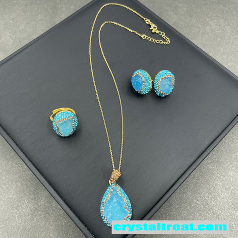 Natural Aquamarine Raw Stone Inlay Jewelry Set