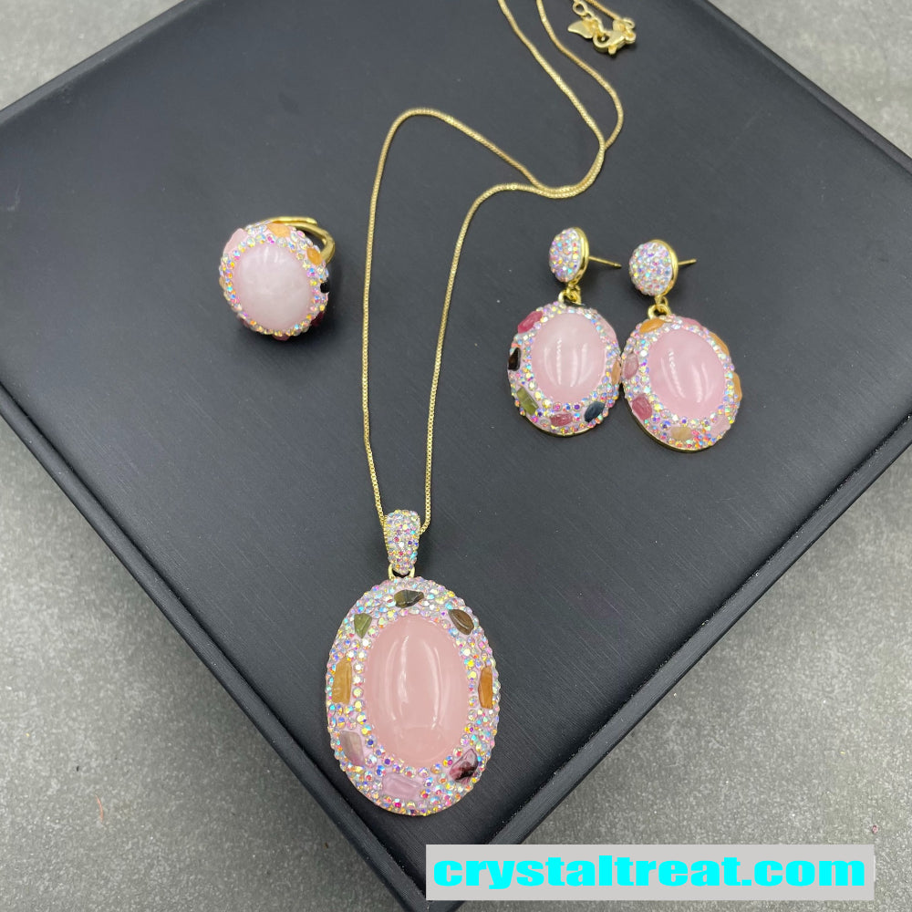 Natural Rose Quartz & Tourmaline Inlay Jewelry Set