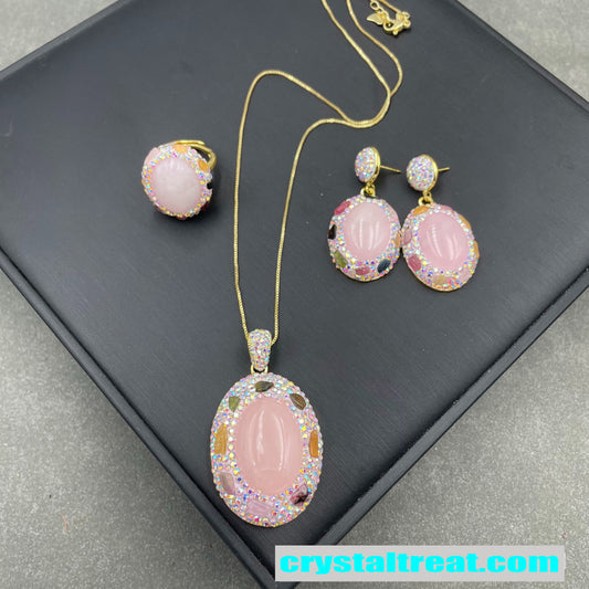 Natural Rose Quartz & Tourmaline Inlay Jewelry Set
