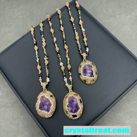 Carved Amethyst and Tourmaline Bloom Necklace