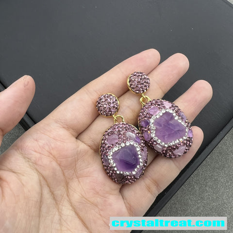 Natural Raw Amethyst Geode and Diamond Accent Jewelry Set
