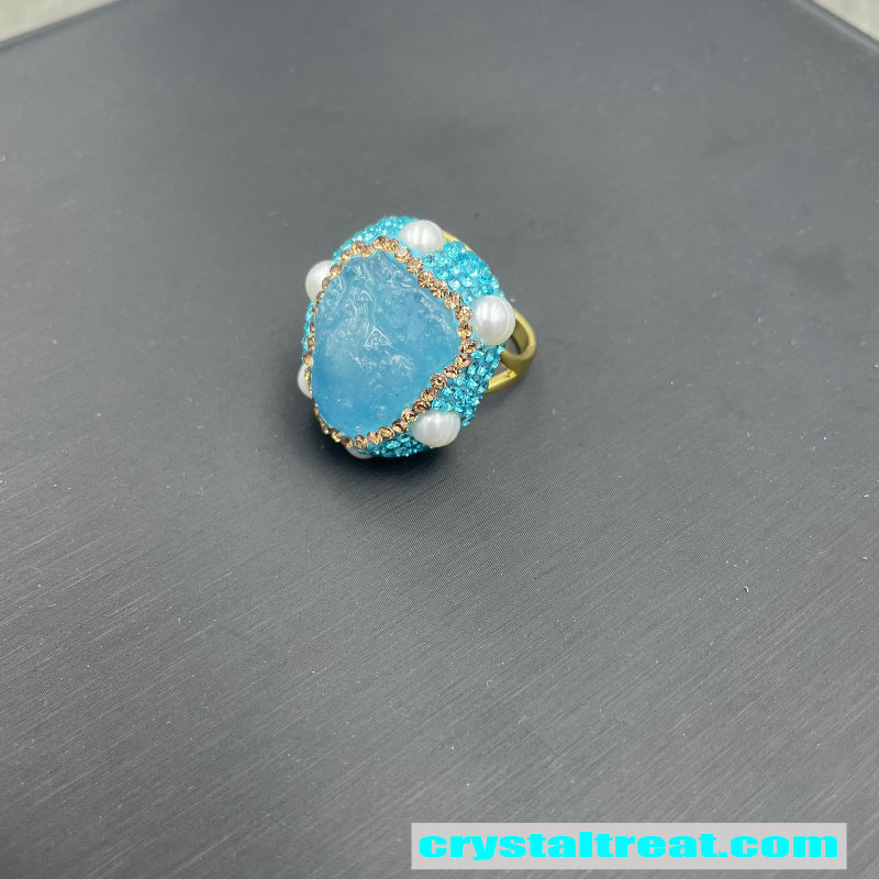 Natural Aquamarine Raw Stone & Freshwater Pearl Inlay Jewelry Set