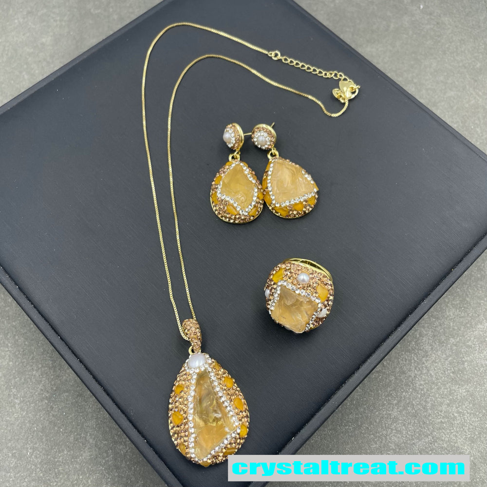 Natural Handmade Raw Citrine and Pearl Jewelry Set
