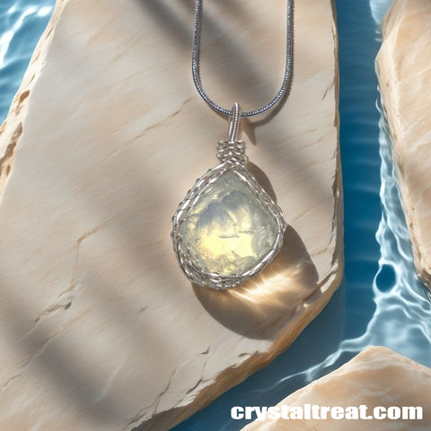 Handmade Moonbeam Glow Opalite Cat's Eye Wire-Wrapped Pendant