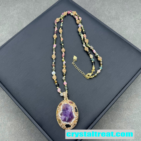 Carved Amethyst and Tourmaline Bloom Necklace