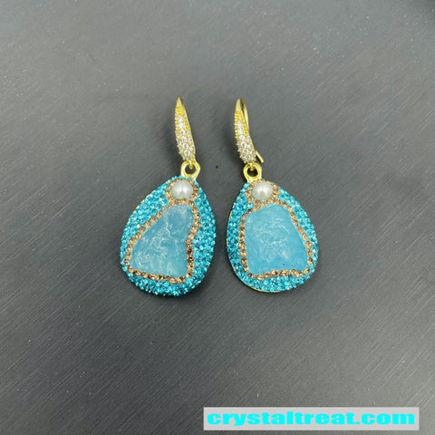 Natural Aquamarine Raw Stone & Freshwater Pearl Inlay Jewelry Set