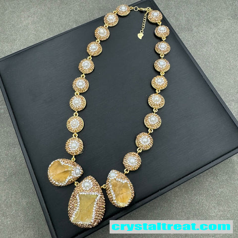 Natural Raw Citrine & Freshwater Pearl Jewelry Set