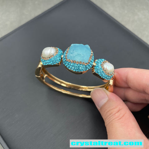 Natural Aquamarine Raw Stone & Freshwater Pearl Inlay Jewelry Set