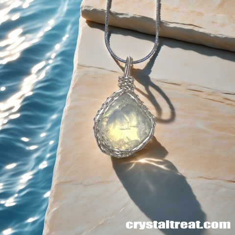 Handmade Moonbeam Glow Opalite Cat's Eye Wire-Wrapped Pendant