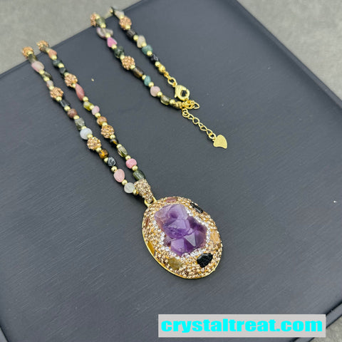 Carved Amethyst and Tourmaline Bloom Necklace