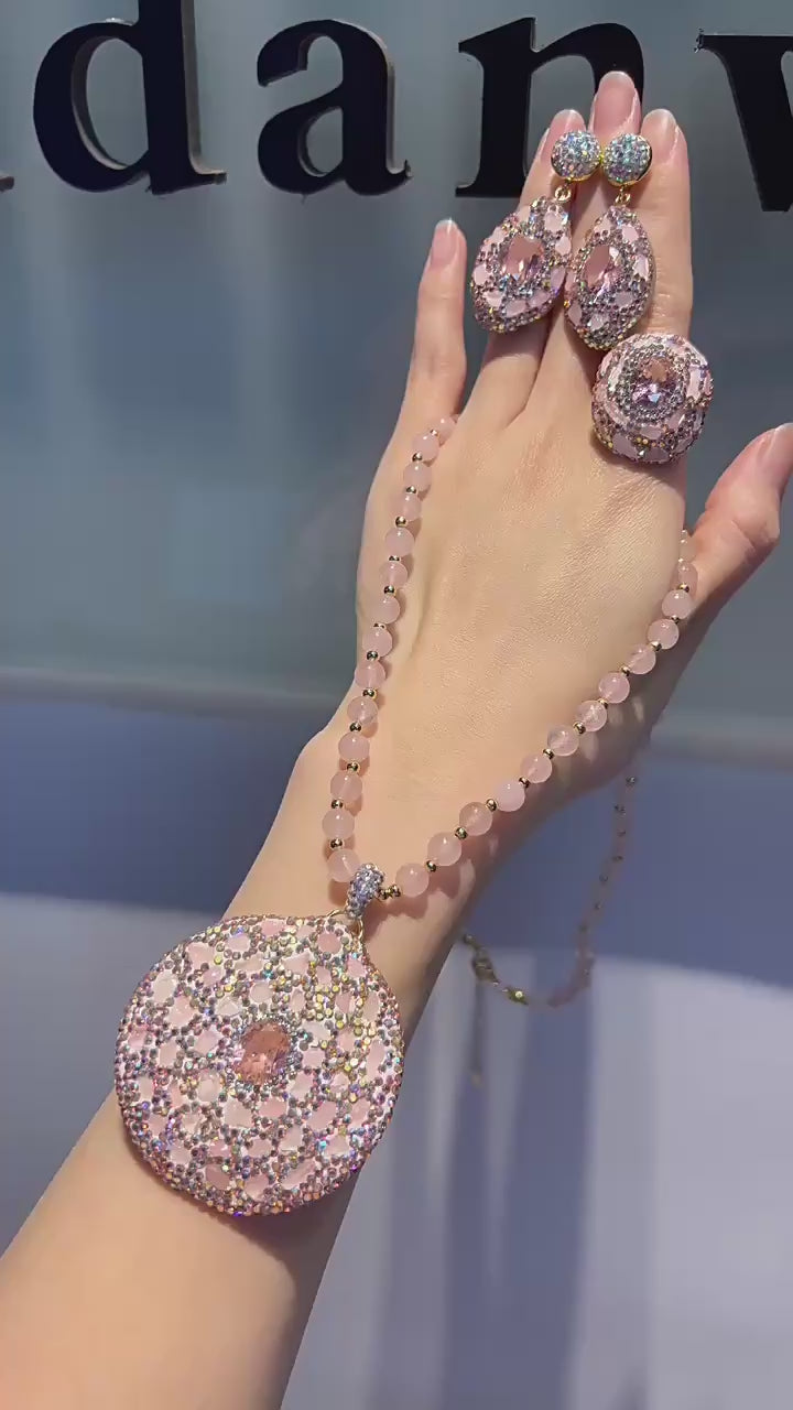 Natural Pink Crystal and Zircon Pave Jewelry Set