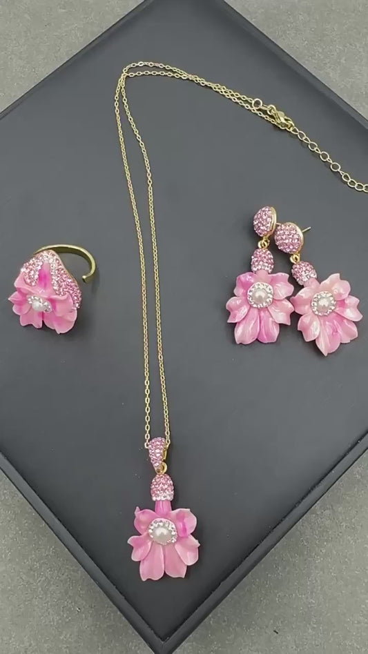 Handmade Magnolia Flower Pearl and Diamond Jewelry Set