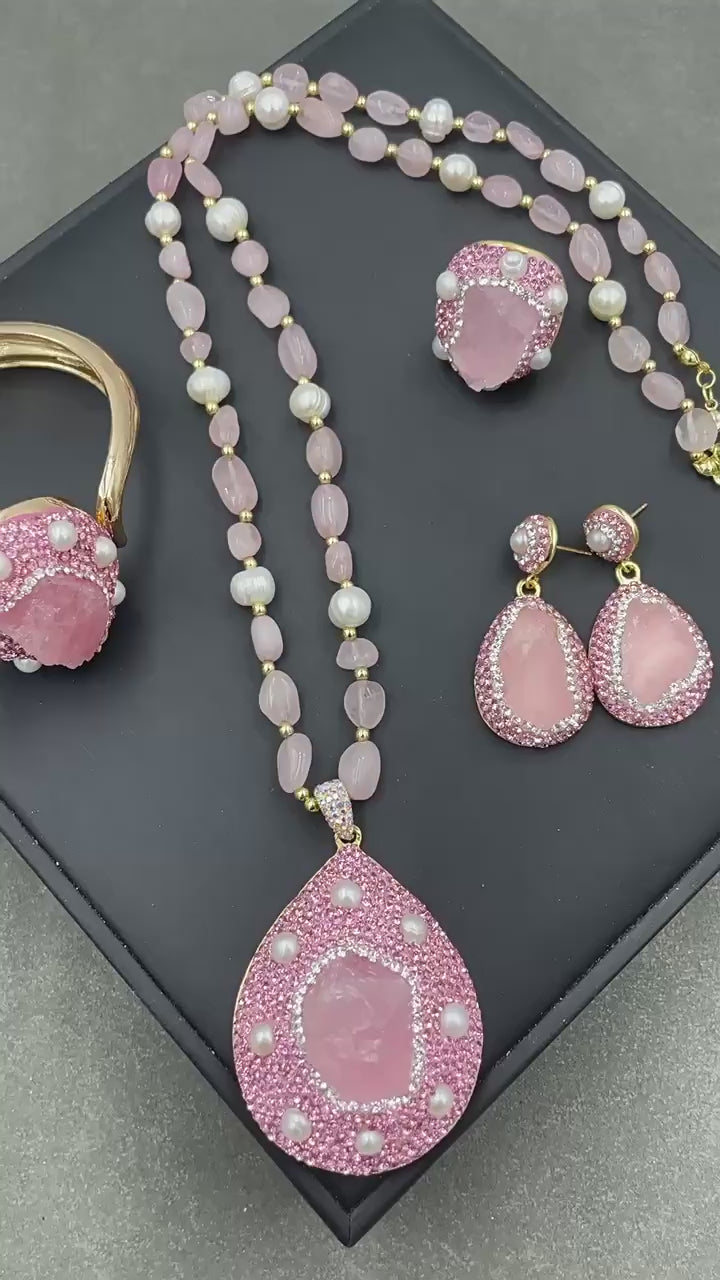 Natural Raw Rose Quartz and Pearl Jewelry Set