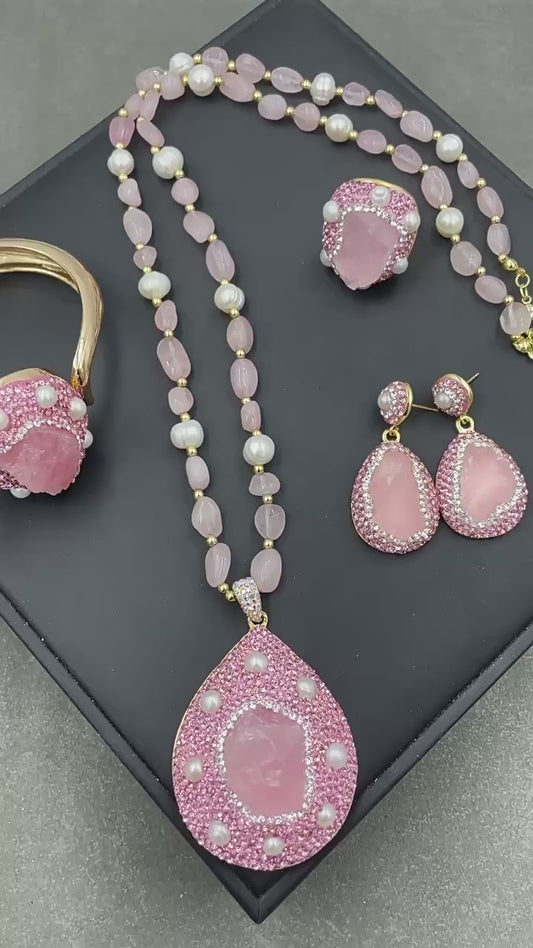 Natural Raw Rose Quartz and Pearl Jewelry Set