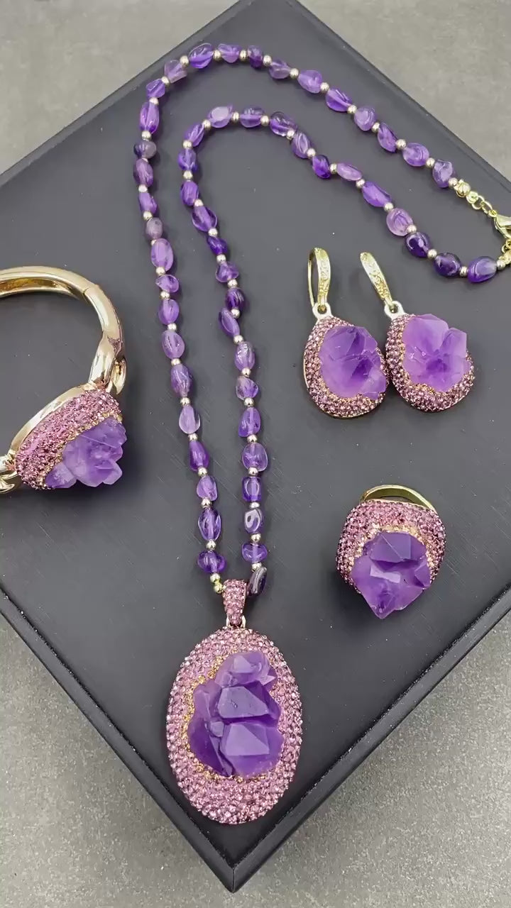 Natural Raw Amethyst Crystal Jewelry Set