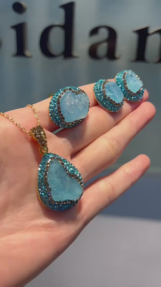 Natural Aquamarine Raw Stone Inlay Jewelry Set