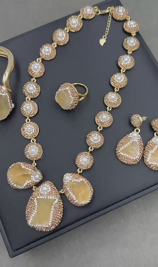 Natural Raw Citrine & Freshwater Pearl Jewelry Set
