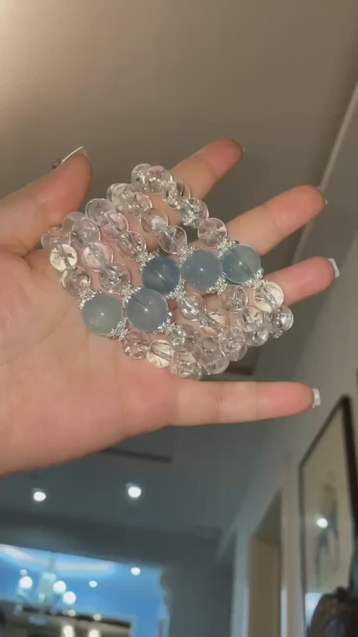 EnhancedClear Crystal and Aquamarine Beaded Bracelet 8mm-12mm