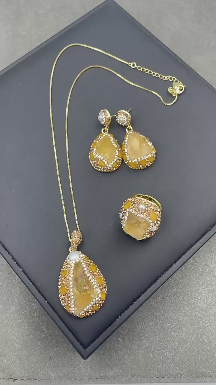 Natural Handmade Raw Citrine and Pearl Jewelry Set