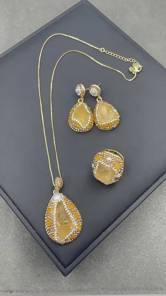 Natural Handmade Raw Citrine and Pearl Jewelry Set