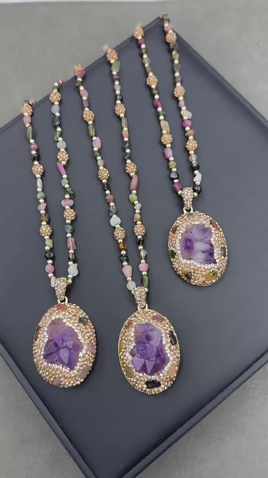 Carved Amethyst and Tourmaline Bloom Necklace