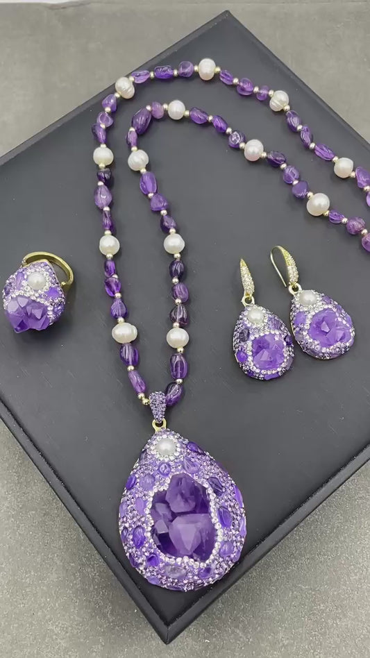 Natural Czech Amethyst & Pearl Jewelry Set