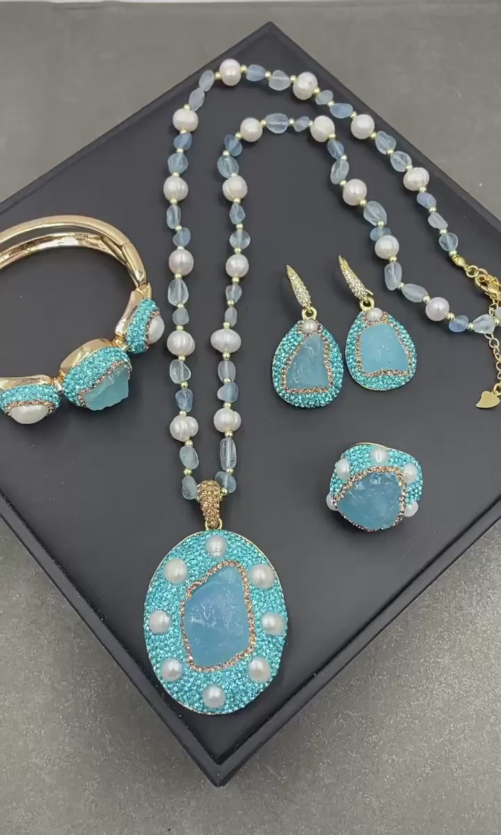 Natural Aquamarine Raw Stone & Freshwater Pearl Inlay Jewelry Set
